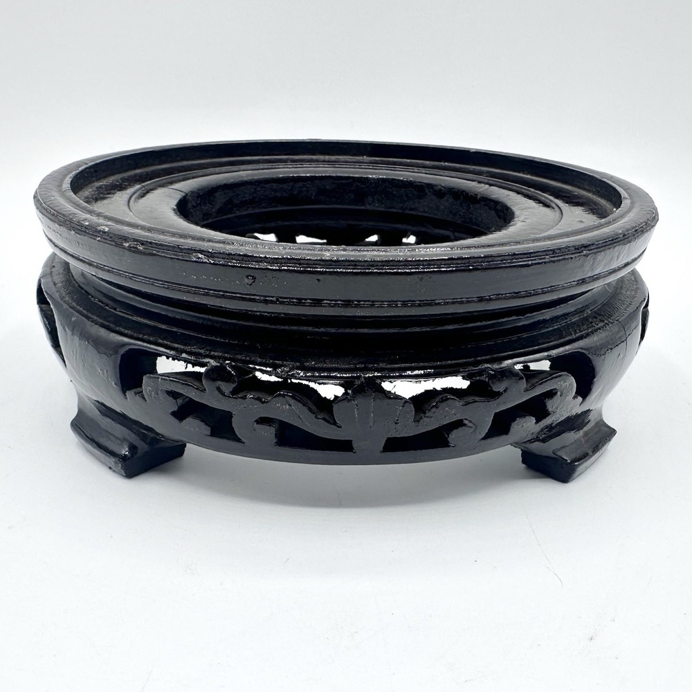 Round Asian Oriental Black Wood Plant Vase Stand Display Base Approx 5.25" Inner